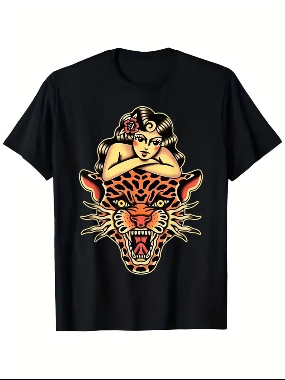 Black Graphic Tee with Retro Pin-Up and Fierce Leopard Design